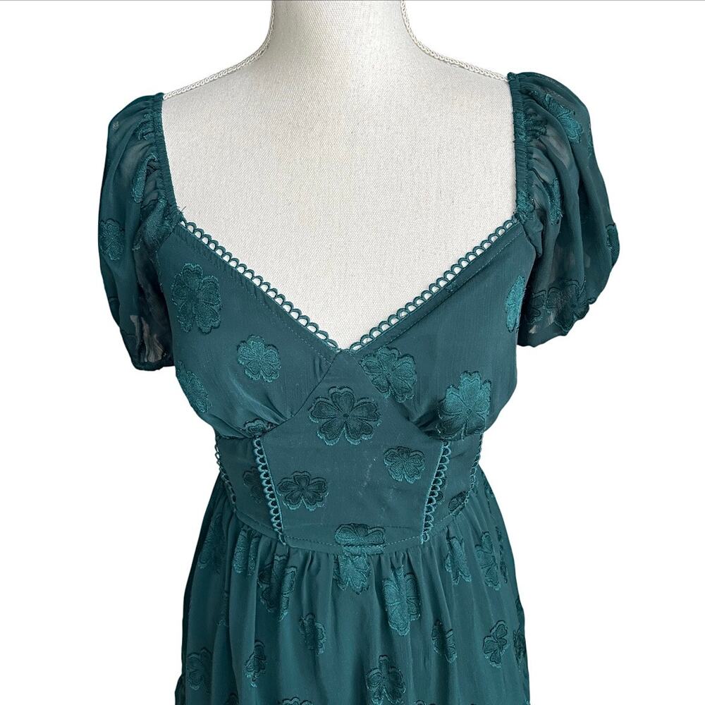 Trixxi green floral mini dress puff sleeve feminine tiered fit & flare size xs - Picture 3 of 9